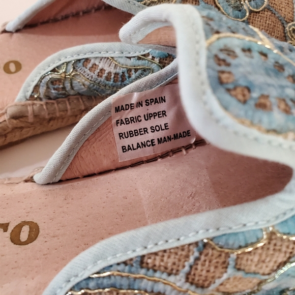 SESTO MEUCCI Sz 8 Lace Espadrille Mules Floral Applique Gold Blue Natural Color - Picture 6 of 16